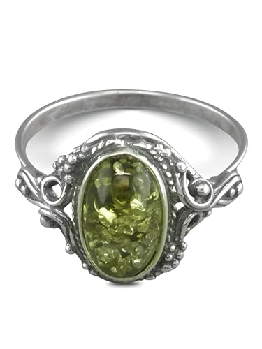 Vintage Oval Baltic Amber Sterling Silver Ring in Ornate Victorian Setting for Women Ladies Girls - Green Amber Jewellery - Size Q