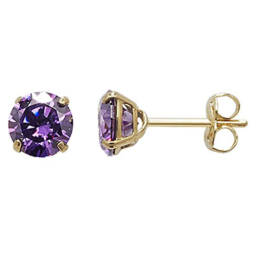 5MM 9ct Yellow Gold Cubic Zirconia (CZ) Round Cut Birthstone Stud Earrings/Ear Studs for Women/Teenage/Girls - PURPLE AMETHYST