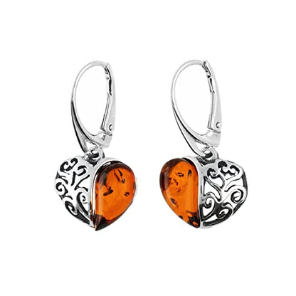 Filigree Heart Baltic Orange Amber Lever Back 925 Sterling Silver Earrings for Women/Ladies/Girls - Fancy Heart Amber Dangly/Dangle Drop Earrings - Amber Jewellery for Women. 070125C