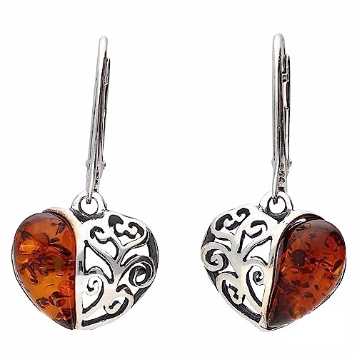 Filigree Heart Baltic Orange Amber Lever Back 925 Sterling Silver Earrings for Women/Ladies/Girls - Fancy Heart Amber Dangly/Dangle Drop Earrings - Amber Jewellery for Women. 070125C