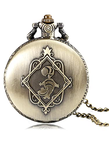 Alice in Wonderland Brushed Bronze Effect Antiqued/Vintage Case Women's Quartz Pocket Watch Necklace - On 32" Inch / 80cm Chain