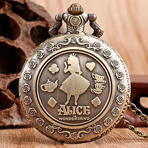 Alice in Wonderland Brushed Bronze Effect Antiqued/Vintage Case Women's Quartz Pocket Watch Necklace - On 32" Inch / 80cm Chain