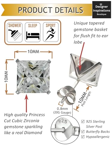 10MM MENS Princess Cut/Square Simulated Diamond Cubic Zirconia (CZ) Sterling Silver Stud Earring/Ear Stud for Men Boys Unisex - White/Clear (Large) Single Stud - Beckham Style