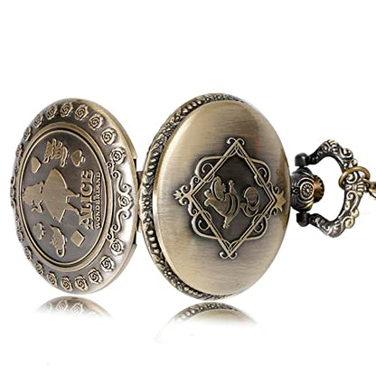 Alice in Wonderland Brushed Bronze Effect Antiqued/Vintage Case Women's Quartz Pocket Watch Necklace - On 32" Inch / 80cm Chain