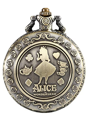 Alice in Wonderland Brushed Bronze Effect Antiqued/Vintage Case Women's Quartz Pocket Watch Necklace - On 32" Inch / 80cm Chain