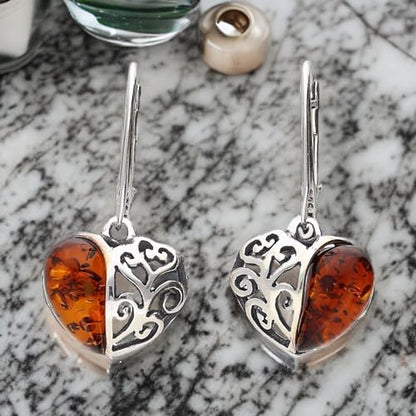 Filigree Heart Baltic Orange Amber Lever Back 925 Sterling Silver Earrings for Women/Ladies/Girls - Fancy Heart Amber Dangly/Dangle Drop Earrings - Amber Jewellery for Women. 070125C