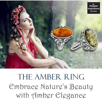 Vintage Oval Baltic Amber Sterling Silver Ring in Ornate Victorian Setting for Women Ladies Girls - Green Amber Jewellery - Size Q