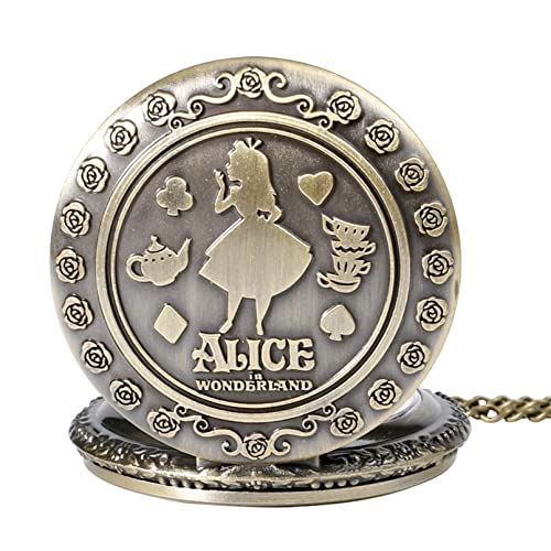 Alice in Wonderland Brushed Bronze Effect Antiqued/Vintage Case Women's Quartz Pocket Watch Necklace - On 32" Inch / 80cm Chain