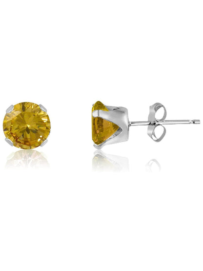 6MM Classic Brilliant Round Cut Cubic Zirconia (CZ) Sterling Silver Solitaire Stud Earrings/Ear Studs for Women Ladies Girls - Birthstone Earrings - CITRINE YELLOW. 6-CITR